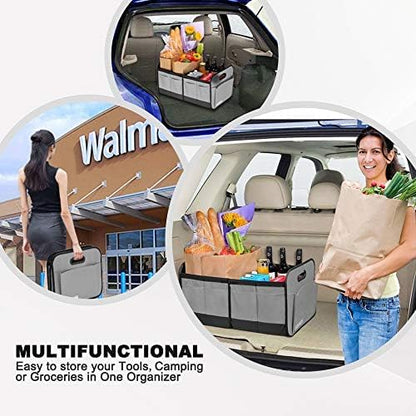 Homeve Car Trunk Organizer for SUV, 18.5Gal Large Capacity No-Sag Heavy Duty, Foldable Waterproof Anti-Slip Storage with 12 Pockets, Fit Sedan, Truck, Universal Car Accessories, Grey, 2 Compart,Large
