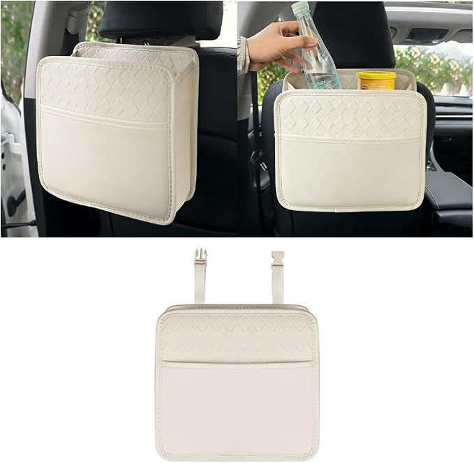 Mandark Car Seat Back Organizer, PU Leather Vehicle Backseat Hanging Storage Pocket, Multipurpose Auto Travel Essentials Accessories for Kids & Adults, Universal for Most Cars (Style 3-White)