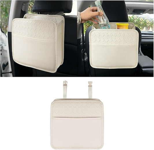 Mandark Car Seat Back Organizer, PU Leather Vehicle Backseat Hanging Storage Pocket, Multipurpose Auto Travel Essentials Accessories for Kids & Adults, Universal for Most Cars (Style 3-White)
