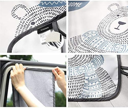 Magnetic Car Sun Shade Curtain for Side Window – Sun Blocker and UV Protector for Baby, Kids, and Pets – Universal Fit with Built-in Magnets for Steel-Framed Door (Be-Awesome Bear)