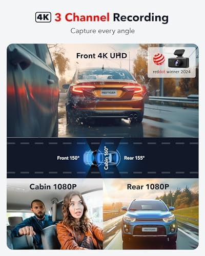 REDTIGER F17 & Acc, 4K 3 Channel Dash Cam, 5GHz WiFi Built-in GPS with 64GB Card, 2160P+1080P+1080P Front and Rear Inside, Triple Car Camera with 3 Inch Screen, IR Night Vision, G Sensor, WDR