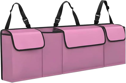 Car Trunk Organizer, Waterproof Backseat Hanging Large Storage with Adjustable Straps, Collapsible Cargo Bag with 4 Pockets, Car Interior Accessories for Truck, SUV, MPV (Pink)