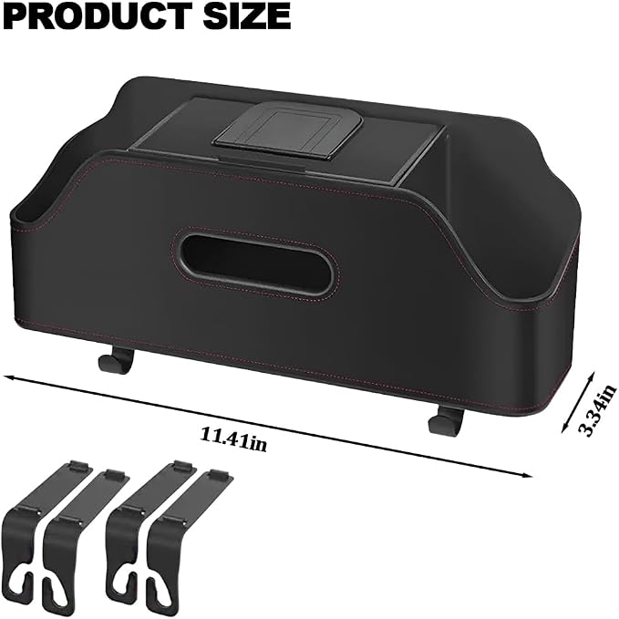 Car Backseat Headrest Organizer, Multifunctional 4-in-1 Back Seat Tissue Box with Cup Holders Hooks, Auto Seat Back Storage Organizer for Hold Phones, Drinks, Bags, Universal Fit (Black)