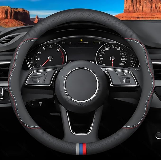 Custom-Fit for BMW Steering Wheel Cover, Premium Leather Car Steering Wheel Cover with Logo, Non-Slip, Breathable, for B-MW Accessories (C-Style,for BMW)