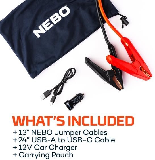 NEBO Assist 2000A Jump Starter | 2000 Peak Amps, Portable Battery Booster Pack for 12V Vehicles, Spark-Proof, USB-C Rechargeable Power Bank, LED Emergency Light, Compact 3-in-1 Roadside Kit