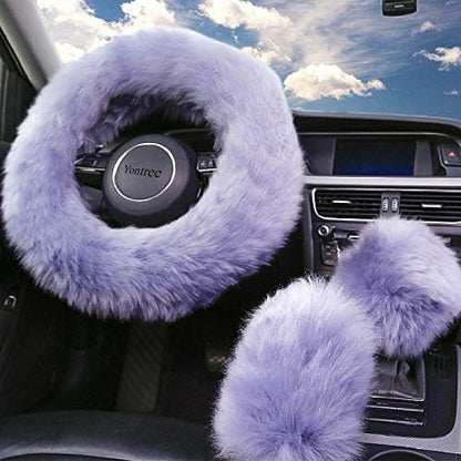 Yontree Fashion Fluffy Steering Wheel Covers for Women/Girls/Ladies Australia Pure Wool 15 Inch 1 Set 3 Pcs (Gray)