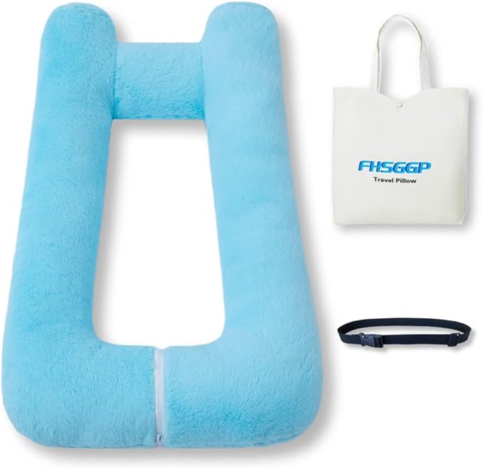 FHSGGP Travel Pillow Upgraded Version of Aircraft Travel Neck Pillow with Storage Bag, Sleep Pillows for Travel by Train, Car, or Plane, Supporting The Head and Body, Travel Pillow for Kids Blue