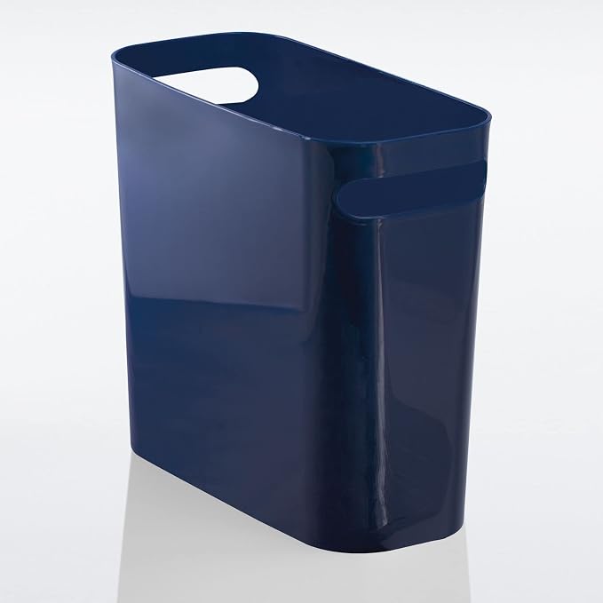 mDesign Plastic Small Trash Can, 1.5 Gallon/5.7-Liter Wastebasket, Narrow Garbage Bin with Handles for Bathroom, Laundry, Home Office - Holds Waste, Recycling, 10" High, Aura Collection, Navy Blue