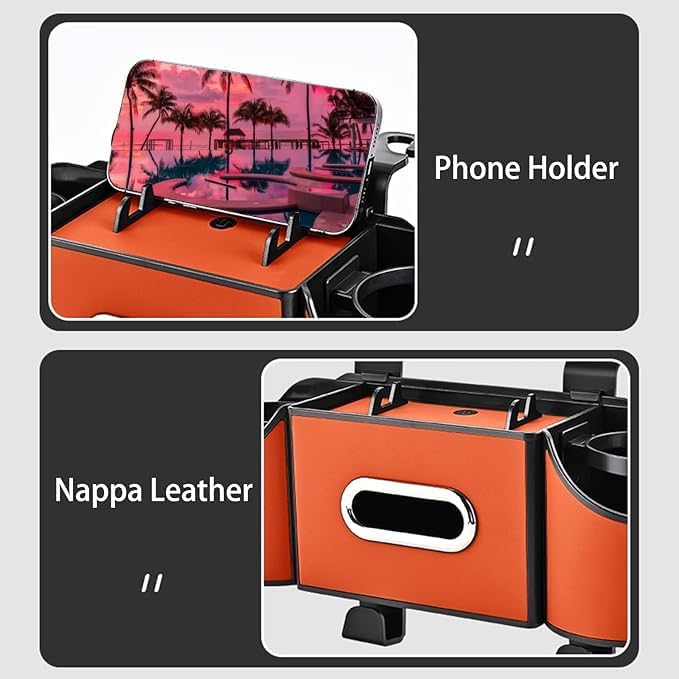 Back Seat Car Organizer,4 in 1 Multifunctional Car Back Seat Storage Box with Drink Cup Holder Tissue Box, for Hold Phone,Snacks, Drinks, Handbag-Orange