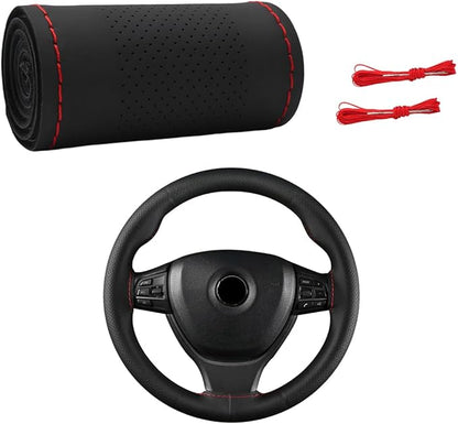 Wevdn Genuine Leather Steering Wheel Cover, Stitch on Wrap, DIY Sewing Steering Wheel Protector, 15 Inch Breathable Non-Slip Steering Wheel Protector, Car Accessories (Black & Red, Middle Hole)