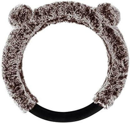 BDK Bear Fur Steering Wheel Cover, Plush Faux Fur Fuzzy Steering Cover for Car Truck Van SUV, Standard Size Fits Wheels 14.5-15 in Diameter, Brown with Ears