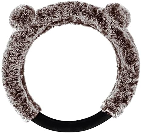 BDK Bear Fur Steering Wheel Cover, Plush Faux Fur Fuzzy Steering Cover for Car Truck Van SUV, Standard Size Fits Wheels 14.5-15 in Diameter, Brown with Ears