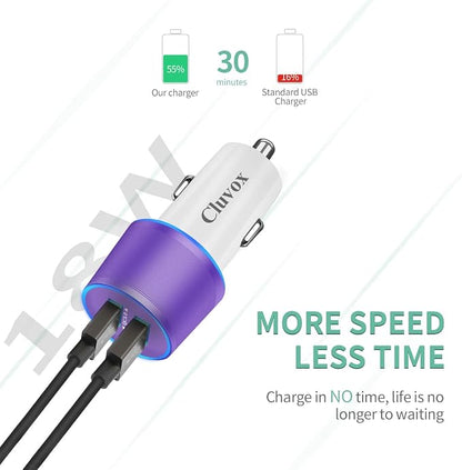 Rapid USB C Car Charger, Compatible for Samsung Galaxy S26/S25 Plus/Ultra/S24/S23/S22/S21/Note 20/S20/S10/S9/A56/A36/A50/A70, Quick Charge 3.0 Dual USB 18W Fast Car Charger+ Type C Cable 3.3ft-Purple