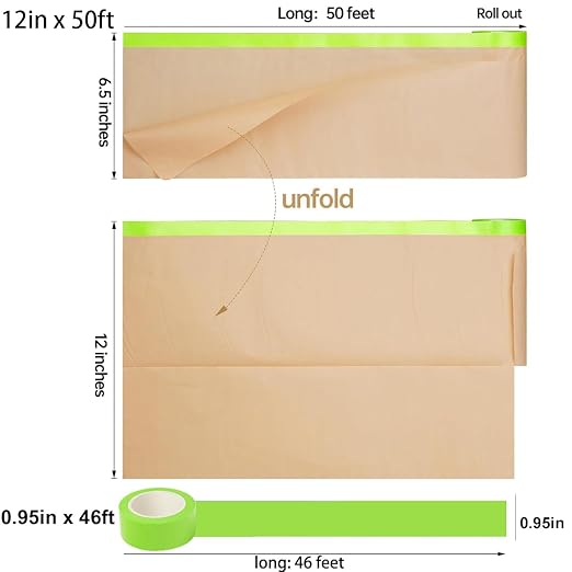 Pre-Taped Masking Paper with Dispenser - 12" x 50' Painters Paper and Tape for Painting House, Furniture, Cars Auto Body (1 Dsp 1Tape 2 Refills: 12" x50')