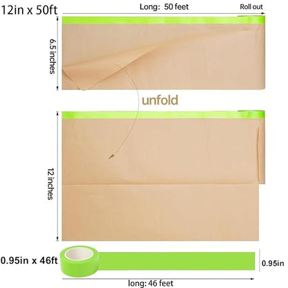 Pre-Taped Masking Paper with Dispenser - 12" x 50' Painters Paper and Tape for Painting House, Furniture, Cars Auto Body (1 Dsp 1Tape 2 Refills: 12" x50')