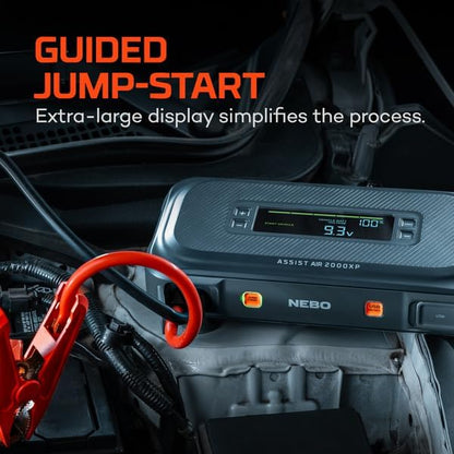 NEBO Assist 2000A Jump Starter & Air Compressor | 2000 Peak Amps, 55.5Wh Portable Car Jump Box for 12V Vehicles & Tire Inflator with Auto Shut-Off, Spark-Proof, USB-C Power Bank, Emergency LED Light