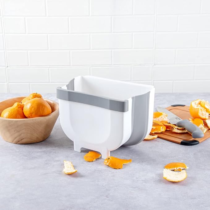 Restaurantware RW Base 10 x 7.2 x 7.3 Inch Foldable Trash Bin 1 Collapsible Mini Trash Can - Mountable U-Shaped Slot Gray Plastic Trash Can Detachable Retainer Plate With Fixed Feet