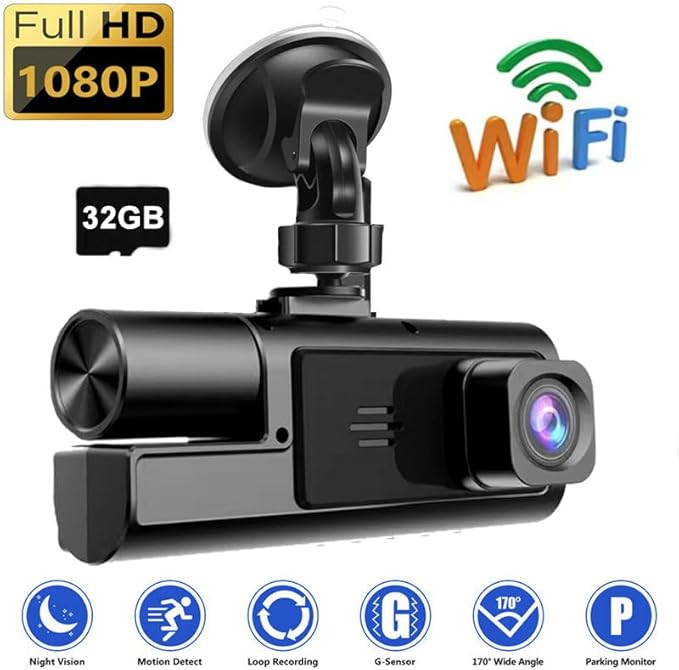 WiFi 1080P 3 Channel Dash Camera for Car Front and Inside Dashcam Car Security Video Recorder,170°Wide Angle Vehicle Cam,WDR,G-Sensor,Loop Recording,Night Vision (WiFi 3Channel Dash Cam With 32G Card)