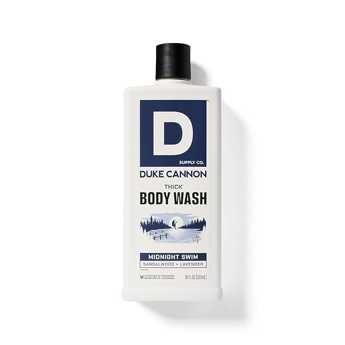 Duke Cannon Supply Co. Thick High Viscosity Body Wash - 3X Thicker, Plant-Based, Mineral-Enriched Body Wash for Men - Sandalwood and Lavender - Mens Body Scrub - Midnight Swim (18 oz) (Pack of 2)