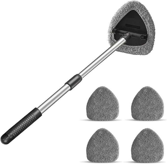 Windshield Cleaning Tool, Car Window Cleaner with 4 Washable Reusable Microfiber Pads, Extendable Long Handle Glass Wiper Cleaning Kit, Auto Accessories Universal for Office and Home (Gray)