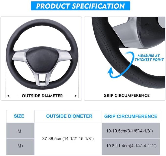 Carodi Leather Steering Wheel Cover, Breathable Non-Slip Design, Soft and Comfortable Feeling, Universal 15 Inch Auto Car Steering Wheel Stitch on Wrap（Size M, Black）