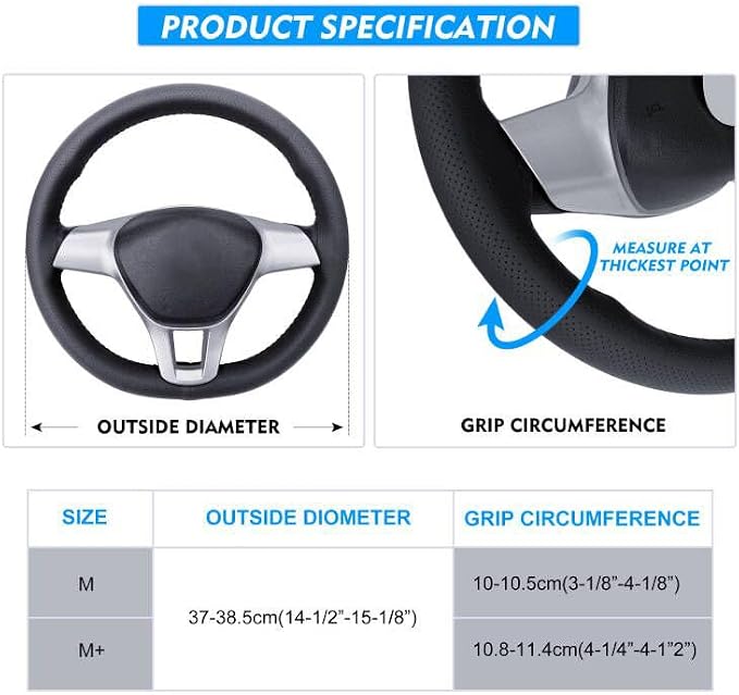 Carodi Leather Steering Wheel Cover, Breathable Non-Slip Design, Soft and Comfortable Feeling, Universal 15 Inch Auto Car Steering Wheel Stitch on Wrap（Size M+, Black）
