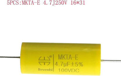 MEETOOT 5pcs Audio Frequency Divider Axial Capacitance MKTA-E 4.7J100V Polypropylene Film Capacitor for Audio Amplifier, Divider, Fan Lamp, Household Appliances, Car Speakers