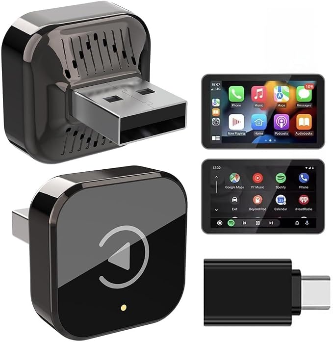 2026 New 2-in-1 Car Wireless CarPlay Android Adapter Quick Auto Connect Plug and Play CarPlay Adapter Wired to Wireless Plug and Play with Type-C Adapter for iPhone and Android Compatible Cars