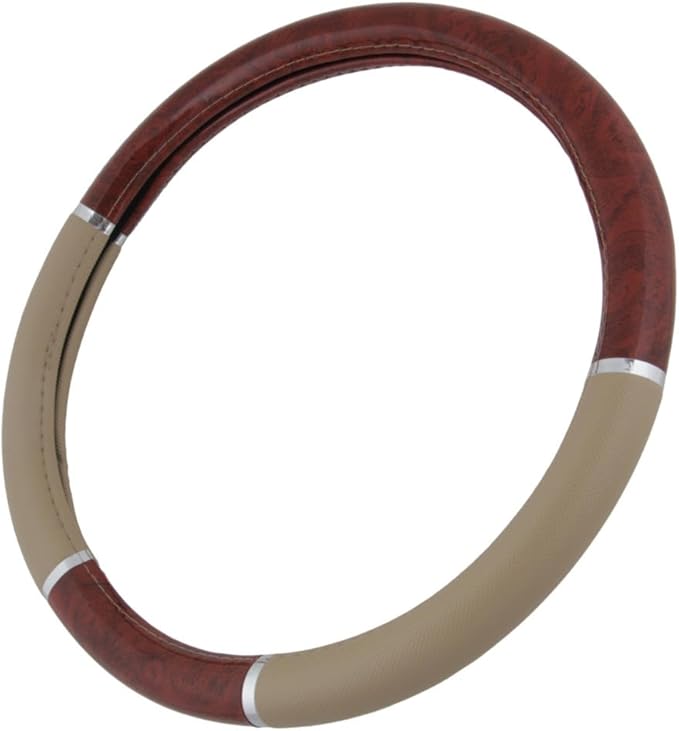 BDK Dark Wood Grain Car Steering Wheel Cover, Standard 15 inch with Beige Faux Leather Grip, Made to Fit Most Auto Truck Van SUV