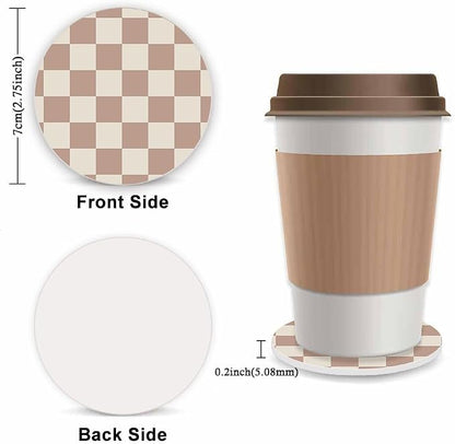 Khaki Checkered Steering Wheel Cover for Women,Universal Auto Steering Wheel 14-15 Inch Car Interior Accessories with 2PCS Car Coasters,Suitable for Men and Women