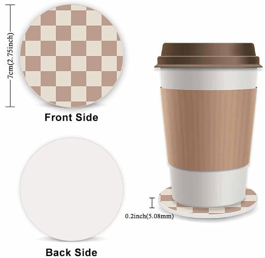 Khaki Checkered Steering Wheel Cover for Women,Universal Auto Steering Wheel 14-15 Inch Car Interior Accessories with 2PCS Car Coasters,Suitable for Men and Women