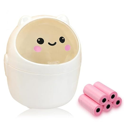 Mini Trash Can, Cute Small Trash Can with Lid, Desktop Paper Bin with 5 Rolls of Bin Liners, Portable Tabletop Dustbin, Cartoon Animal Rubbish Storage for Office Bedroom Desk Kitchen (White)