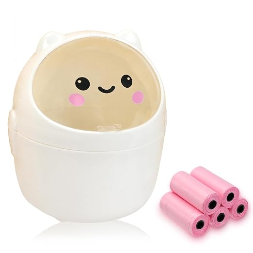 Mini Trash Can, Cute Small Trash Can with Lid, Desktop Paper Bin with 5 Rolls of Bin Liners, Portable Tabletop Dustbin, Cartoon Animal Rubbish Storage for Office Bedroom Desk Kitchen (White)