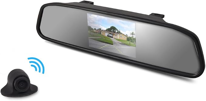 Pyle Wireless Backup Car Camera - Rearview Mirror Monitor System - Parking & Reverse Safety Distance Scale Lines, Night Vision & Waterproof Cam, 4.3" LCD Display - PLCM4370WIR