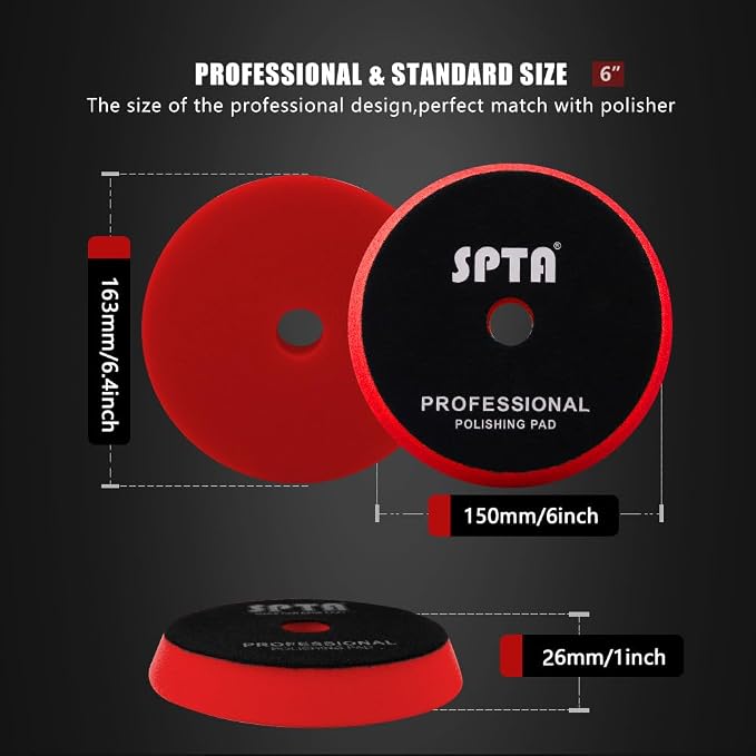 Red T10 Ultra-Fine Finishing Foam Polishing Pads, SPTA 1Pc 6.5 Inch Face for 6 Inch 150mm Backing Plate Compound Buffing Sponge Pads for Car Buffer Polisher Compounding, Polishing and Waxing -FPBFS6R