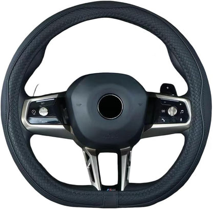 Mayco Bell Flat Bottom Size Steering Wheel Cover Anti-Slip,Safety,Soft,Breathable,Durable,Full Surround,Comfortable Grip Microfiber Leather (D-Shape,Black)