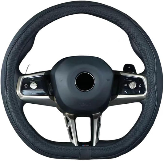 Mayco Bell Flat Bottom Size Steering Wheel Cover Anti-Slip,Safety,Soft,Breathable,Durable,Full Surround,Comfortable Grip Microfiber Leather (D-Shape,Black)