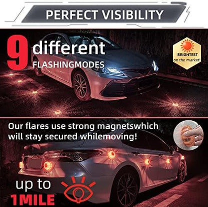LED Road Flares 6Pack Roadside Emergency car kit Emergency Road Flares Kit with Magnetic Base for Vehicles & Boat | 9 Flash Modes(with Batteries) (6 Part Rechargeable)