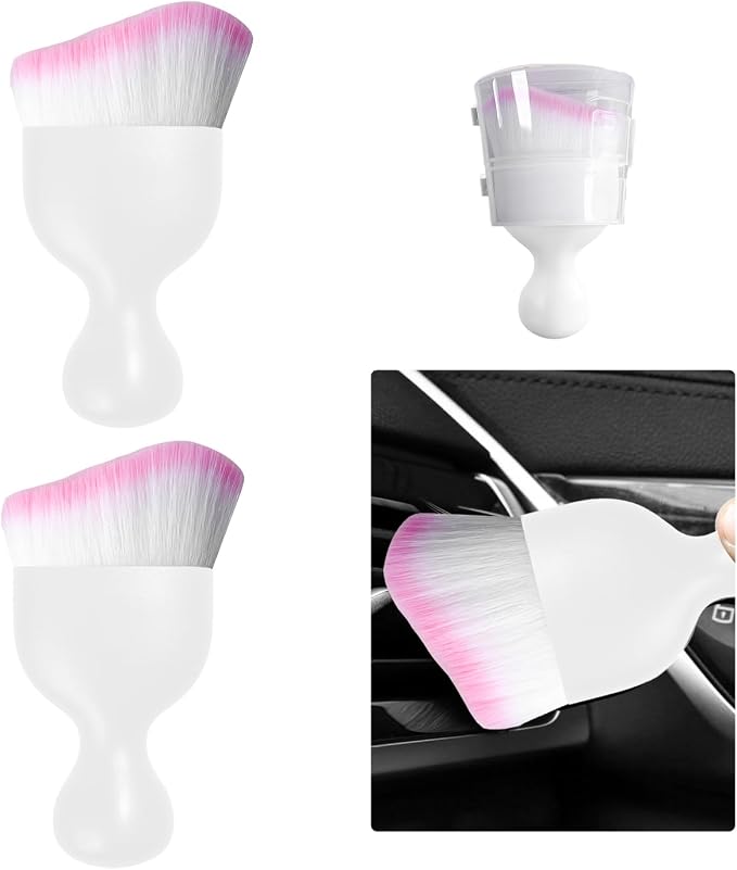 Ziciner 2 PCS Car Detailing Brush, Curved Soft Bristles Auto Removal Dust Collectors, Universal Vehicle Dashboard, Air Conditioner Vents etc Interior Cleaning Tool Accessory (White/White/Pink)