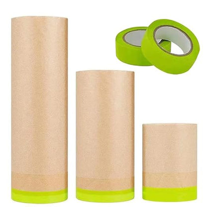 Masking Paper Pre-Taped Masking Paper for Painting Assorted Sizes Painting Paint Masking Tape and Drape Widely used in automotive body and house decoration spray paint (Each Roll 50 Feet ,3 Rolls)