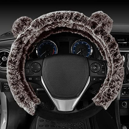 BDK Bear Fur Steering Wheel Cover, Plush Faux Fur Fuzzy Steering Cover for Car Truck Van SUV, Standard Size Fits Wheels 14.5-15 in Diameter, Brown with Ears
