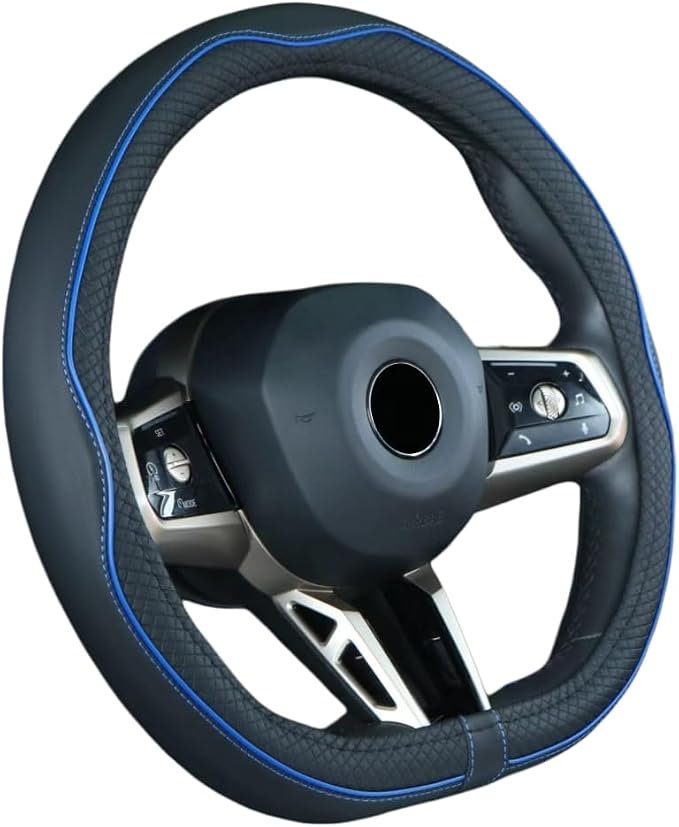 Mayco Bell Flat Bottom Steering Wheel Cover Anti-Slip,Safety,Soft,Breathable,Durable,Full Surround,Comfortable Grip Microfiber Leather (D Shape, Black Dark Blue)