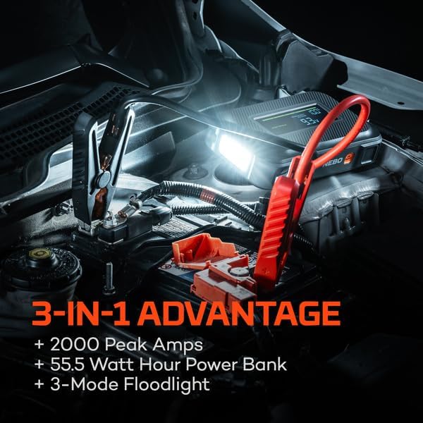 NEBO Assist 2000A Jump Starter | 2000 Peak Amps, Portable Battery Booster Pack for 12V Vehicles, Spark-Proof, USB-C Rechargeable Power Bank, LED Emergency Light, Compact 3-in-1 Roadside Kit