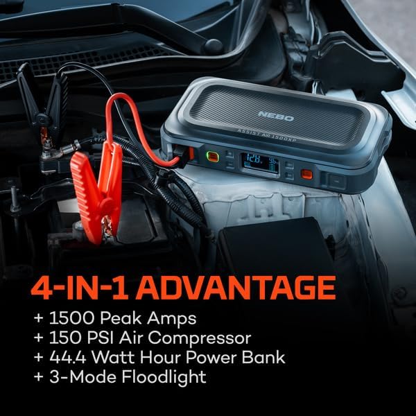 NEBO Assist 1500A Jump Starter & Air Compressor | 1500 Peak Amps, 44.4Wh Portable Car Jump Box for 12V Vehicles & Tire Inflator with Auto Shut-Off, Spark-Proof, USB-C Power Bank, Emergency LED Light
