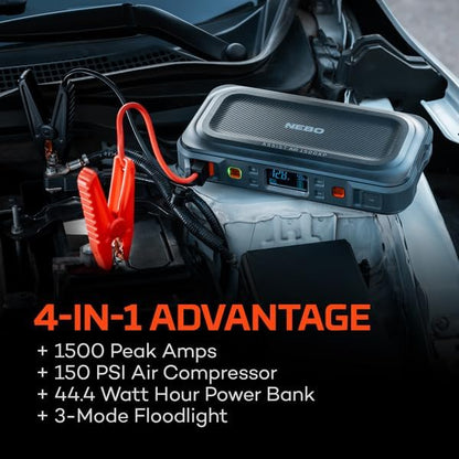 NEBO Assist 1500A Jump Starter & Air Compressor | 1500 Peak Amps, 44.4Wh Portable Car Jump Box for 12V Vehicles & Tire Inflator with Auto Shut-Off, Spark-Proof, USB-C Power Bank, Emergency LED Light