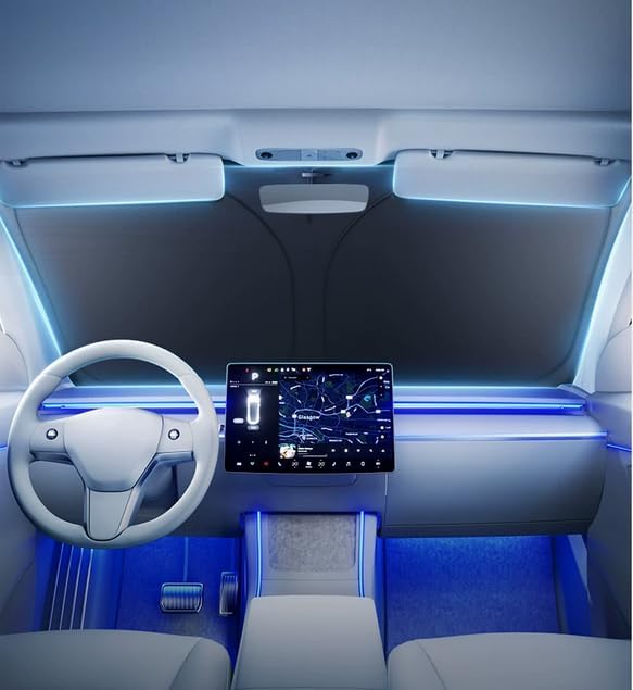 [2026 Upgraded] FOURDOPLI Graphene Dual-Layer Car Windshield Sun Shade for 2016-2026 Tesla Model Y & Model 3, Foldable car Window Shades with Includes Storage Bag, Block UV Rays Keep Car Cool