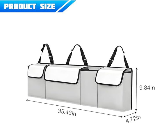 Car Trunk Organizer with Lid, Large Waterproof Vehicle Backseat Hanging Storage Bag with 4 Pockets & Adjustable Straps, Collapsible Automotive Interior Cargo Bag, Universal Fit (White/Grey)