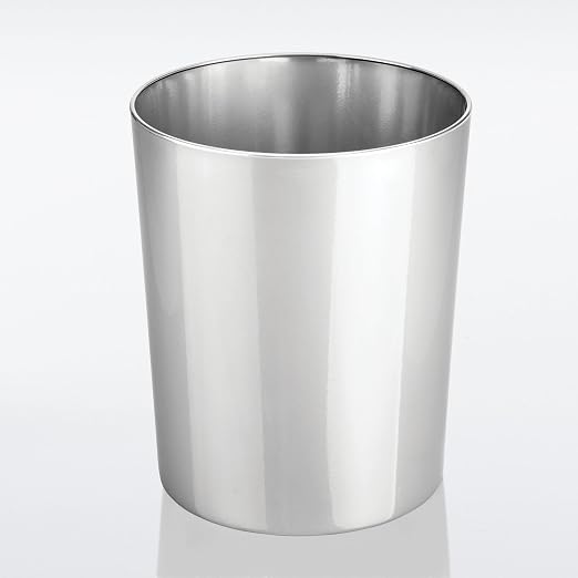 mDesign Round Metal Small 1.7 Gallon Recycle Trash Can Wastebasket, Garbage Container Bin for Bathrooms, Kitchen, Bedroom, Home Office - Durable Stainless Steel - Mirri Collection - 2 Pack - Chrome
