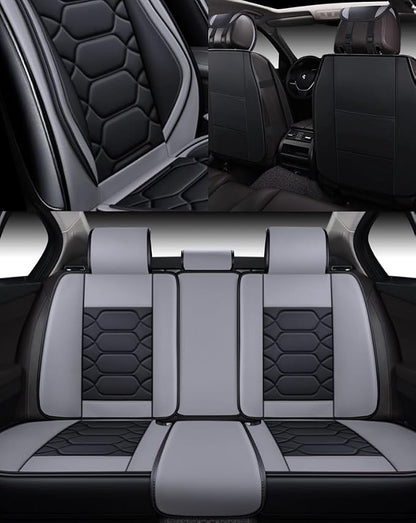 OASIS AUTO Car Seat Covers Full Set, Sporty Faux Leather with Honeycomb Pattern, Waterproof Universal Fit for SUV, Sedan, Pick-up Truck, Automotive Interior Accessories (OS-004 Black&Gray)