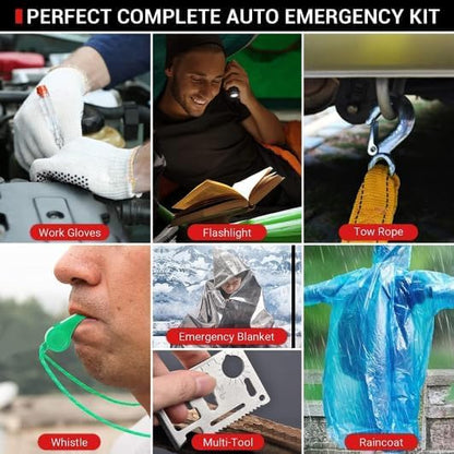 Car Emergency Kit with Jumper Cables, Roadside Safety Emergency Car Kit for Vehicle Truck Motorcycle - Gifts for Men Women Teenagers, Easy Storage(Black)
